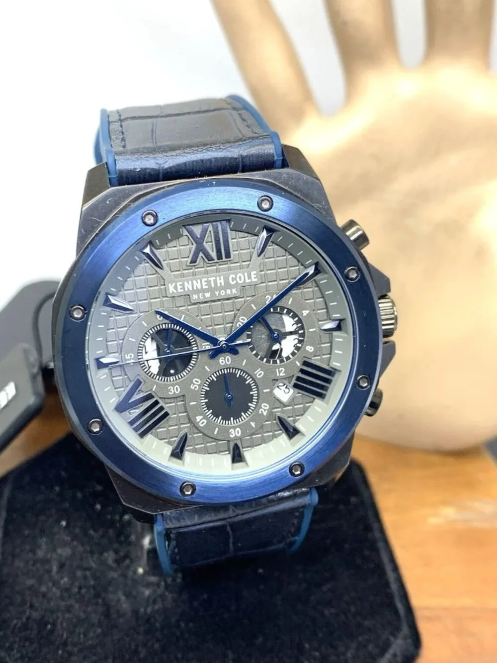 Kenneth Cole Men's Watch Quartz Chronograph Gray Dial Blue Black Rubber 45mm
